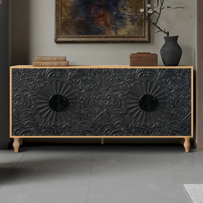 Black+Natural 62.99 Accent TV Stand with Carved Doors, Shelf, and Solid Wood Legs