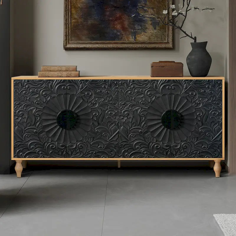 Black+Natural 62.99 Accent TV Stand with Carved Doors, Shelf, and Solid Wood Legs