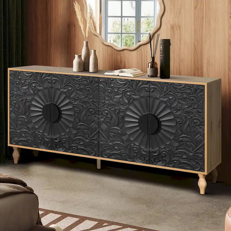 Black+Natural 62.99 Accent TV Stand with Carved Doors, Shelf, and Solid Wood Legs