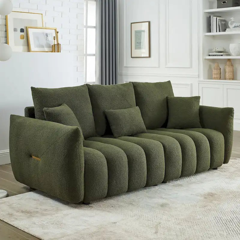 Green 82 Teddy Upholstered 3-Seater Sofa with 3 Back Pillows and Solid Wood Frame