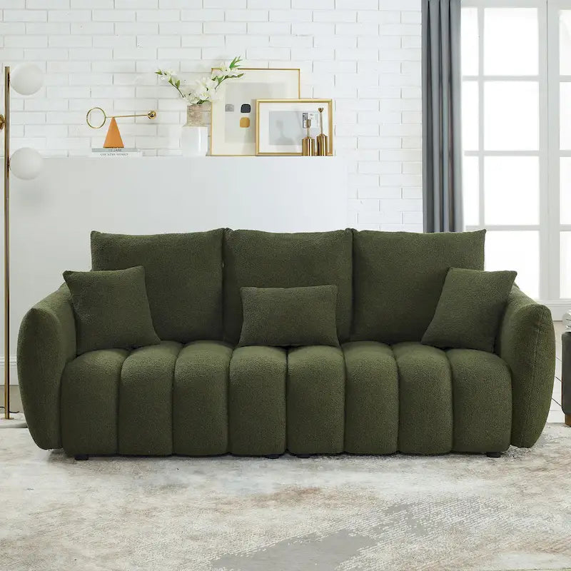 Green 82 Teddy Upholstered 3-Seater Sofa with 3 Back Pillows and Solid Wood Frame