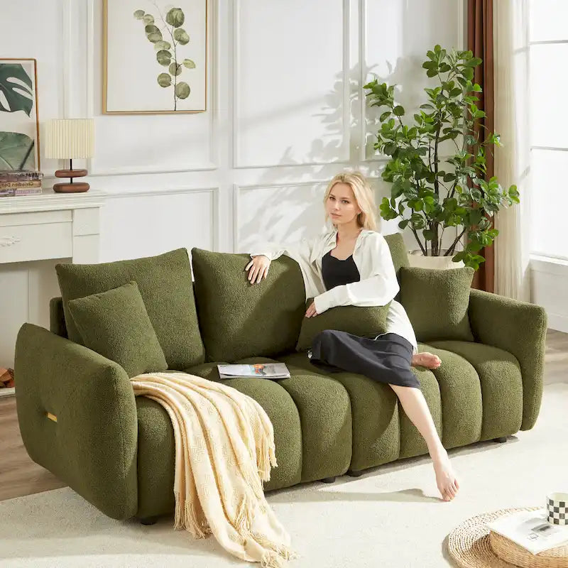 Green 82 Teddy Upholstered 3-Seater Sofa with 3 Back Pillows and Solid Wood Frame
