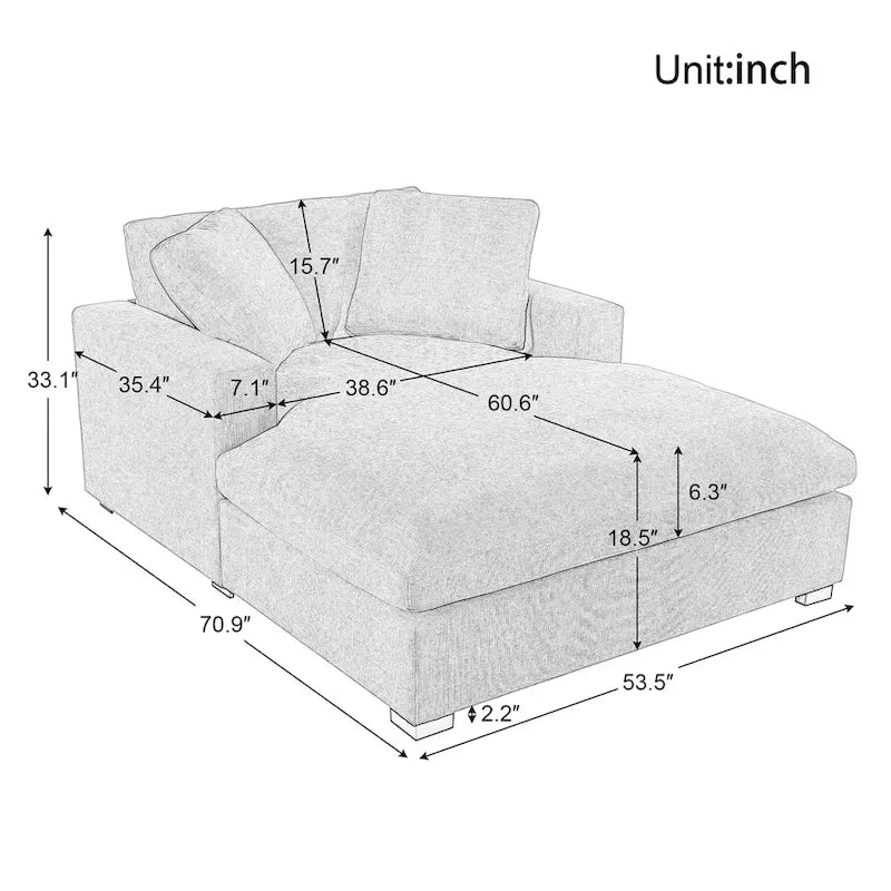 53.5 Chaise Lounge Chair with Solid Wood Legs and Comfort Pillows