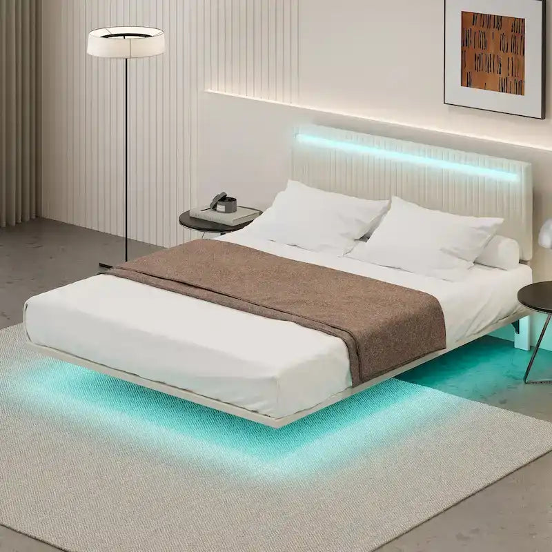 Modern Full Size Bed Frame with LED Lights, Remote Control for Different Light Colors, Sensor Lights, No Box Spring Needed