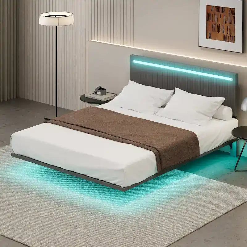 Modern Full Size Bed Frame with LED Lights, Remote Control for Different Light Colors, Sensor Lights, No Box Spring Needed