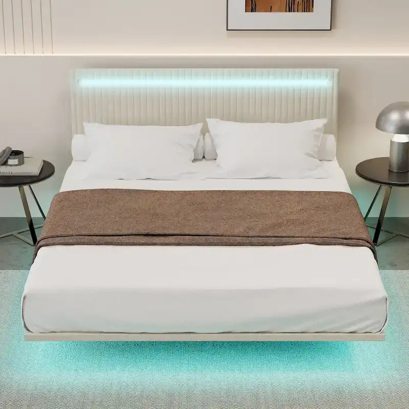 Modern Full Size Bed Frame with LED Lights, Remote Control for Different Light Colors, Sensor Lights, No Box Spring Needed