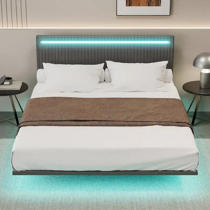 Modern Full Size Bed Frame with LED Lights, Remote Control for Different Light Colors, Sensor Lights, No Box Spring Needed