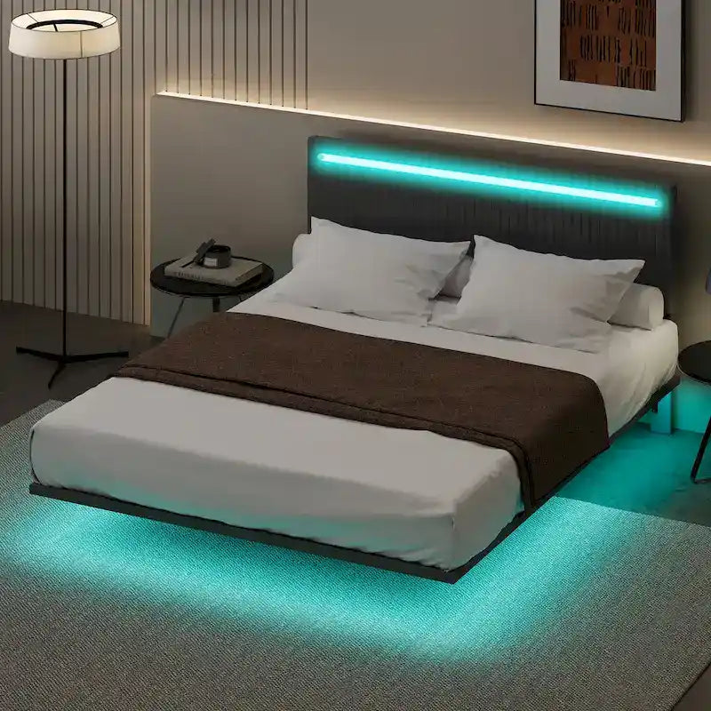 Modern Full Size Bed Frame with LED Lights, Remote Control for Different Light Colors, Sensor Lights, No Box Spring Needed
