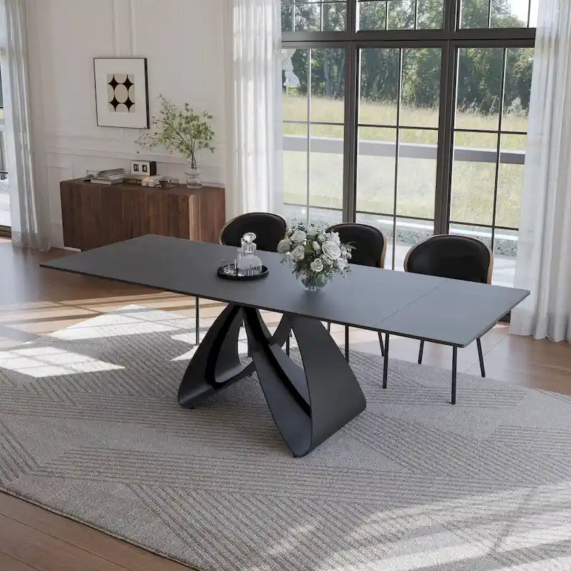 63-94Modern Extendable Dining Table for 6-10, Matte Black Kitchen Table with Black Carbon Steel Legs