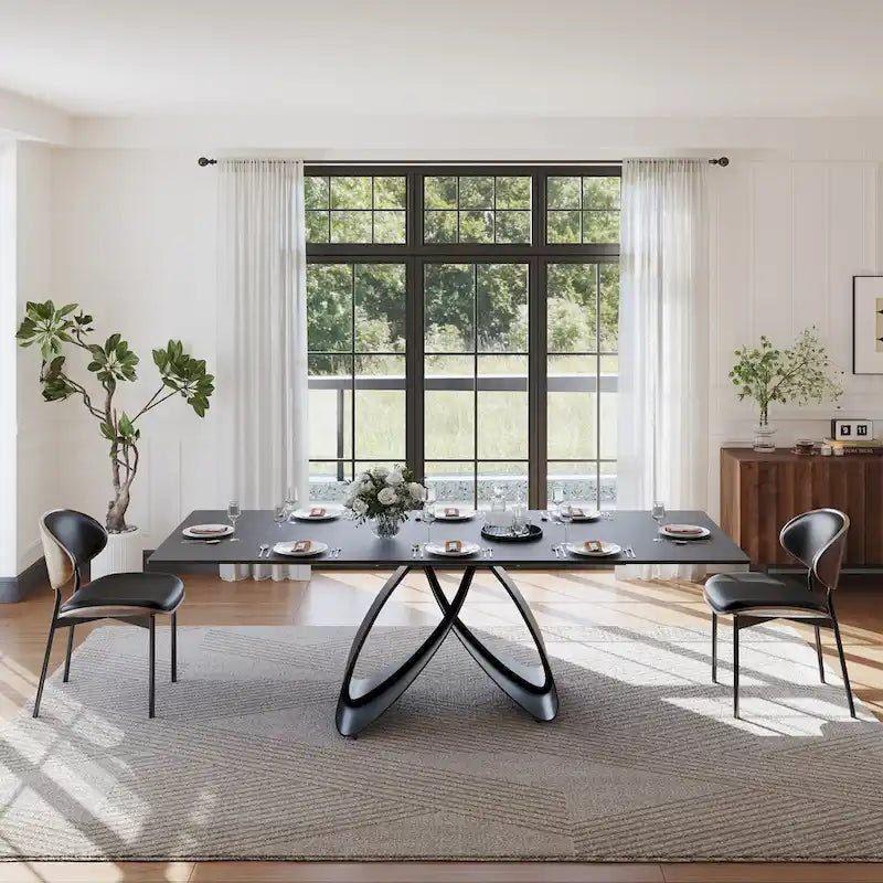 63-94Modern Extendable Dining Table for 6-10, Matte Black Kitchen Table with Black Carbon Steel Legs