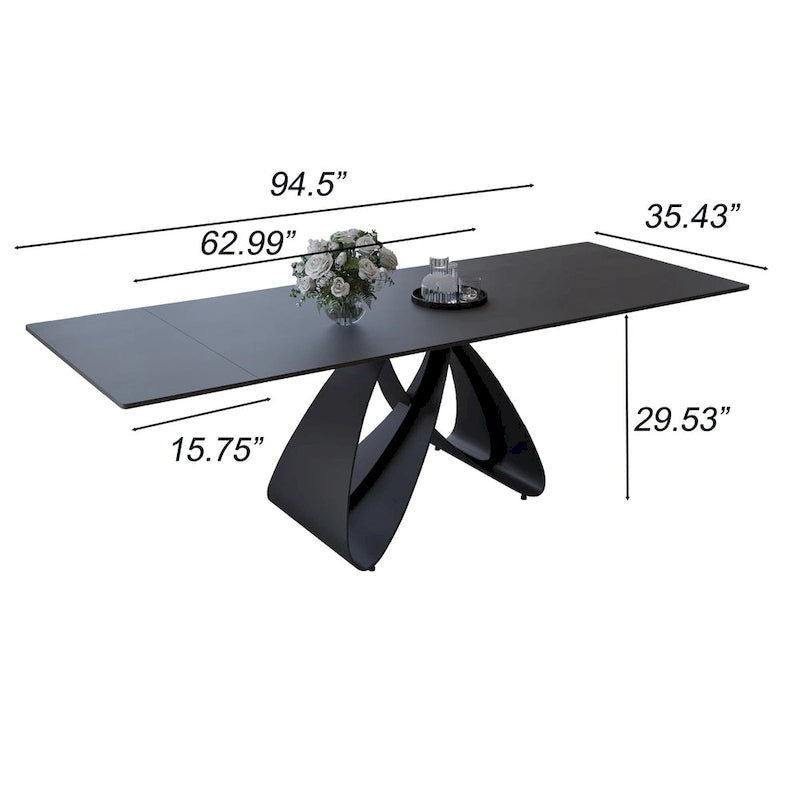 63-94Modern Extendable Dining Table for 6-10, Matte Black Kitchen Table with Black Carbon Steel Legs