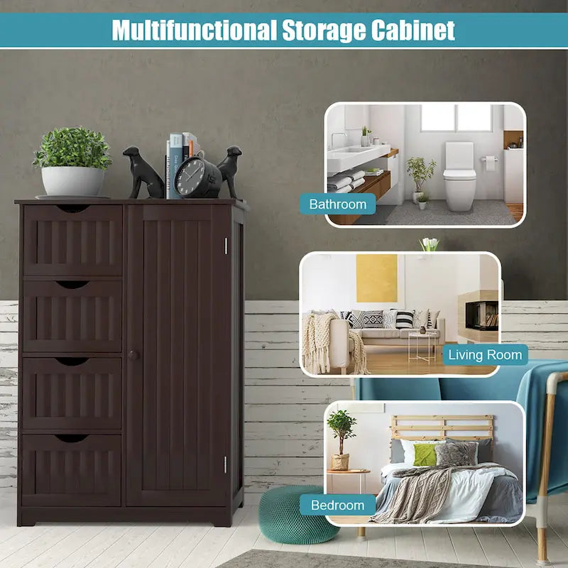 Costway Wooden 4 Drawer Bathroom Floor Cabinet Storage Cupboard 2
