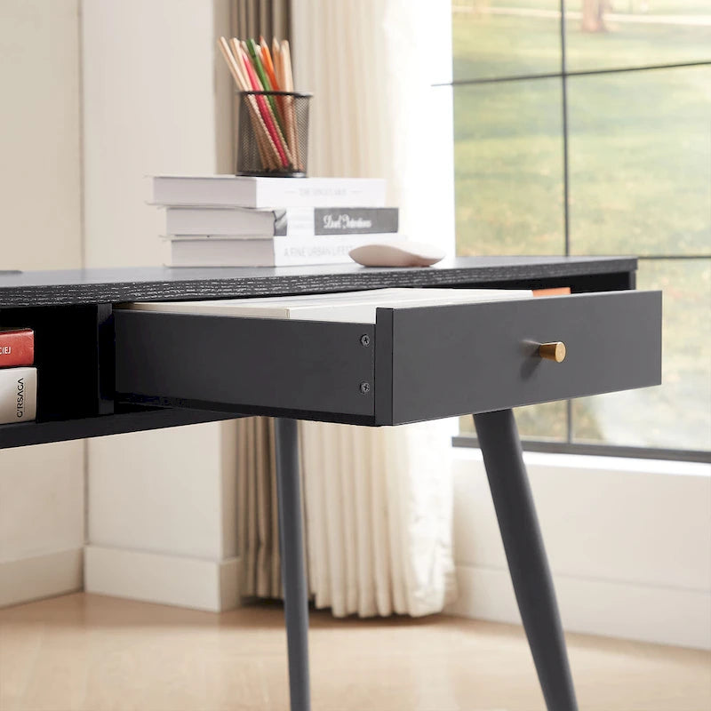 Mid Century Desk with USB Ports and Power Outlet, Modern Writing Study Desk with Drawers,Home Office Computer Desk