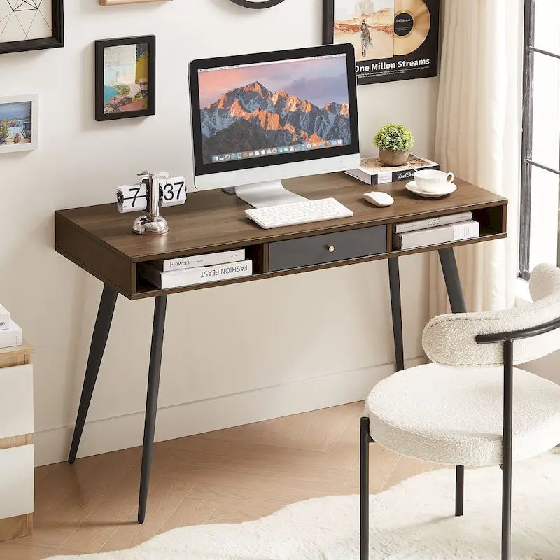 Mid Century Desk with USB Ports and Power Outlet, Modern Writing Study Desk with Drawers,Home Office Computer Desk