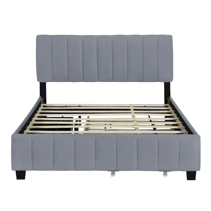 Queen Size Velvet Platform Bed with 1 Twin XL Trundle Upholstered Bed Frame and 2 Drawers Storage Bed No Box Spring Needed