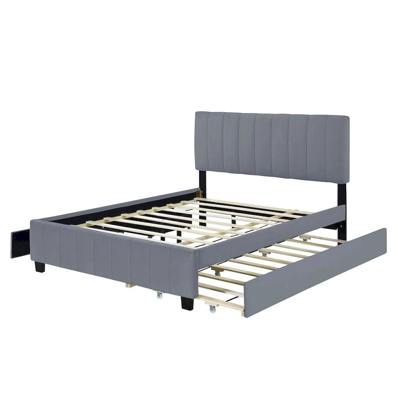 Queen Size Velvet Platform Bed with 1 Twin XL Trundle Upholstered Bed Frame and 2 Drawers Storage Bed No Box Spring Needed