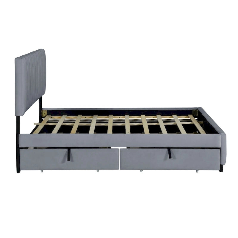 Queen Size Velvet Platform Bed with 1 Twin XL Trundle Upholstered Bed Frame and 2 Drawers Storage Bed No Box Spring Needed