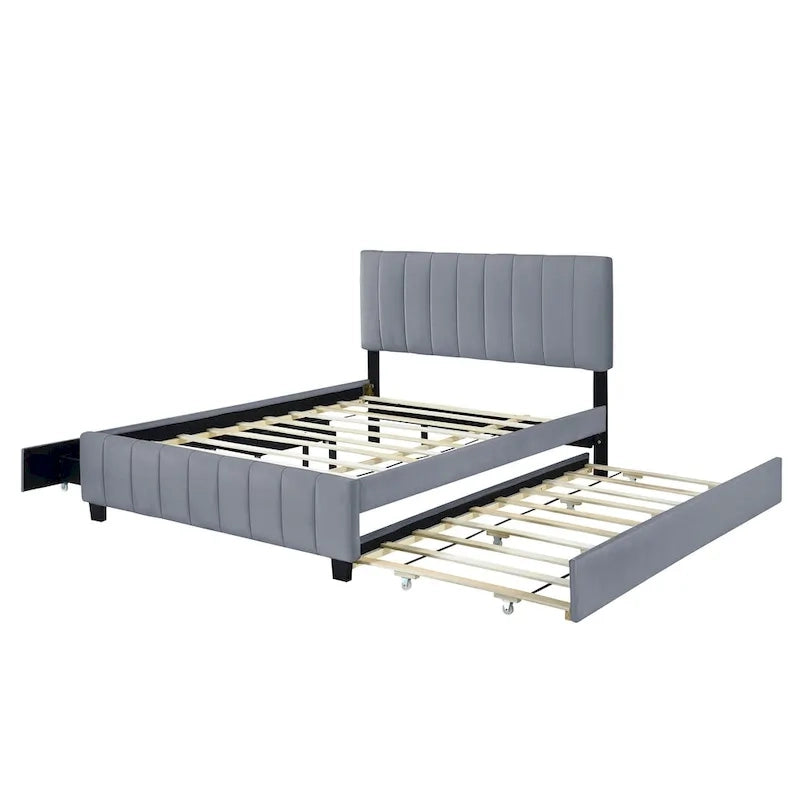 Queen Size Velvet Platform Bed with 1 Twin XL Trundle Upholstered Bed Frame and 2 Drawers Storage Bed No Box Spring Needed