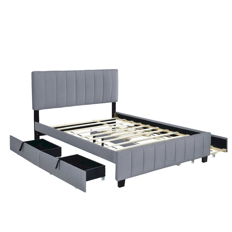 Queen Size Velvet Platform Bed with 1 Twin XL Trundle Upholstered Bed Frame and 2 Drawers Storage Bed No Box Spring Needed