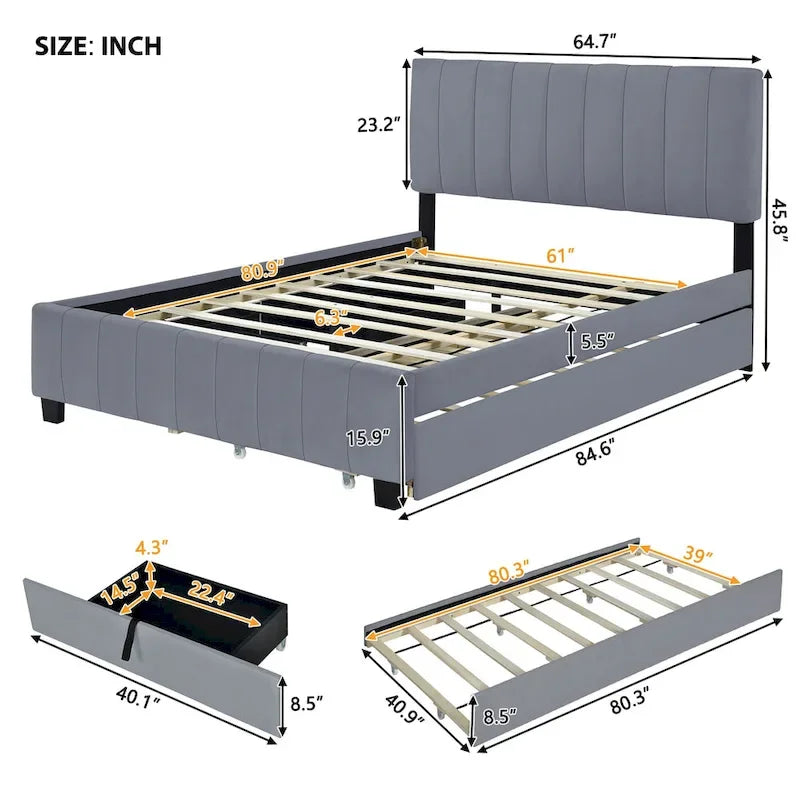 Queen Size Velvet Platform Bed with 1 Twin XL Trundle Upholstered Bed Frame and 2 Drawers Storage Bed No Box Spring Needed