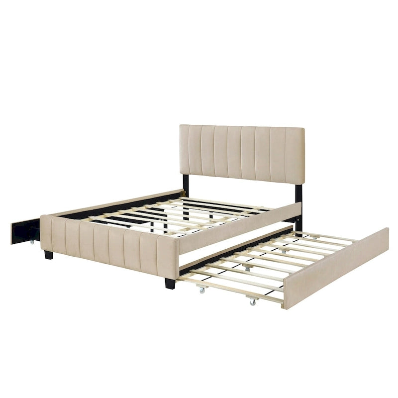 Queen Size Velvet Platform Bed with 1 Twin XL Trundle Upholstered Bed Frame and 2 Drawers Storage Bed No Box Spring Needed