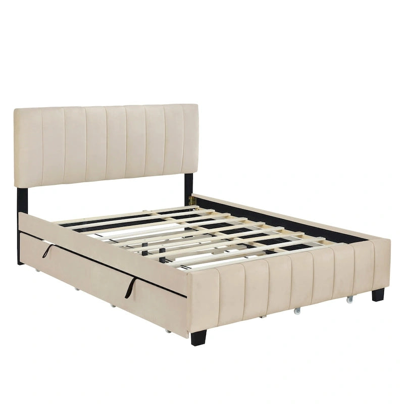 Queen Size Velvet Platform Bed with 1 Twin XL Trundle Upholstered Bed Frame and 2 Drawers Storage Bed No Box Spring Needed