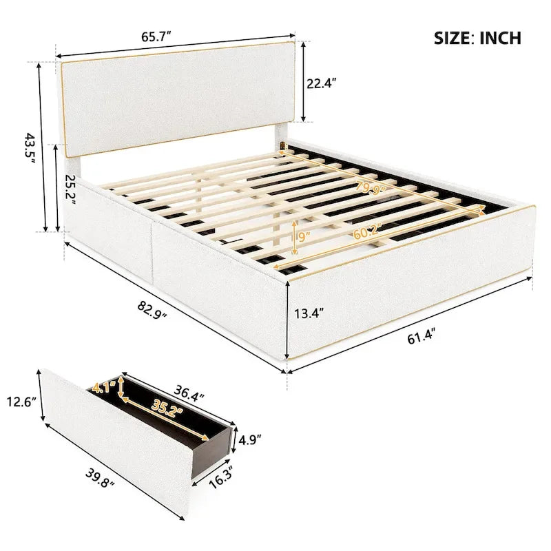 Comfy Queen Size Upholstered Platform Bed with 4 Drawers Ample Storage & Headboard, Footboard & Hidden Both Sides Drawers