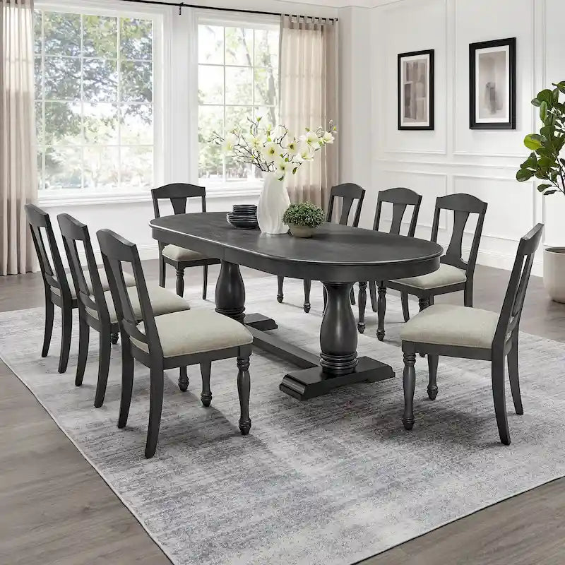 7 Pcs Solid Wood Dining Table Set, , Kitchen Extendable Dining Table Set with Curved Table and 6 Upholstered Chairs