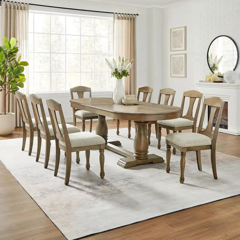 7 Pcs Solid Wood Dining Table Set, , Kitchen Extendable Dining Table Set with Curved Table and 6 Upholstered Chairs