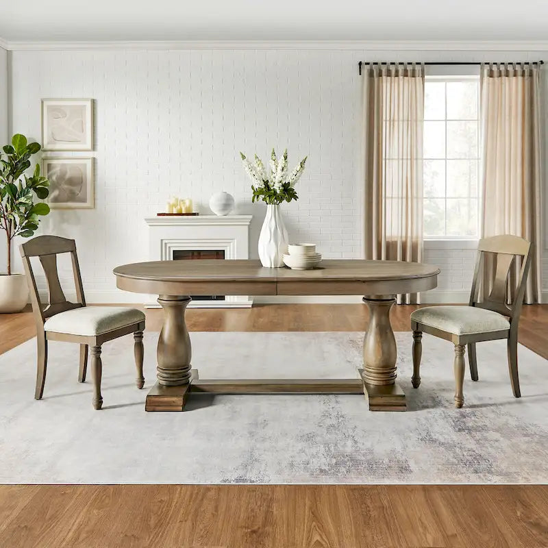 7 Pcs Solid Wood Dining Table Set, , Kitchen Extendable Dining Table Set with Curved Table and 6 Upholstered Chairs