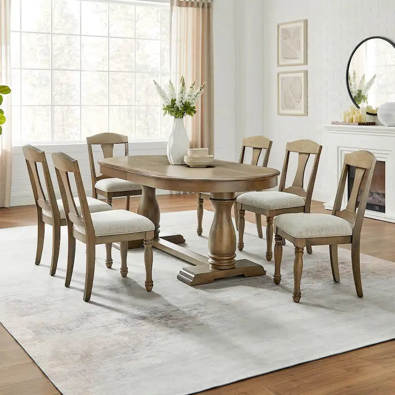 7 Pcs Solid Wood Dining Table Set, , Kitchen Extendable Dining Table Set with Curved Table and 6 Upholstered Chairs