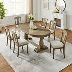 7 Pcs Solid Wood Dining Table Set, , Kitchen Extendable Dining Table Set with Curved Table and 6 Upholstered Chairs