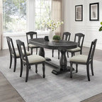7 Pcs Solid Wood Dining Table Set, , Kitchen Extendable Dining Table Set with Curved Table and 6 Upholstered Chairs
