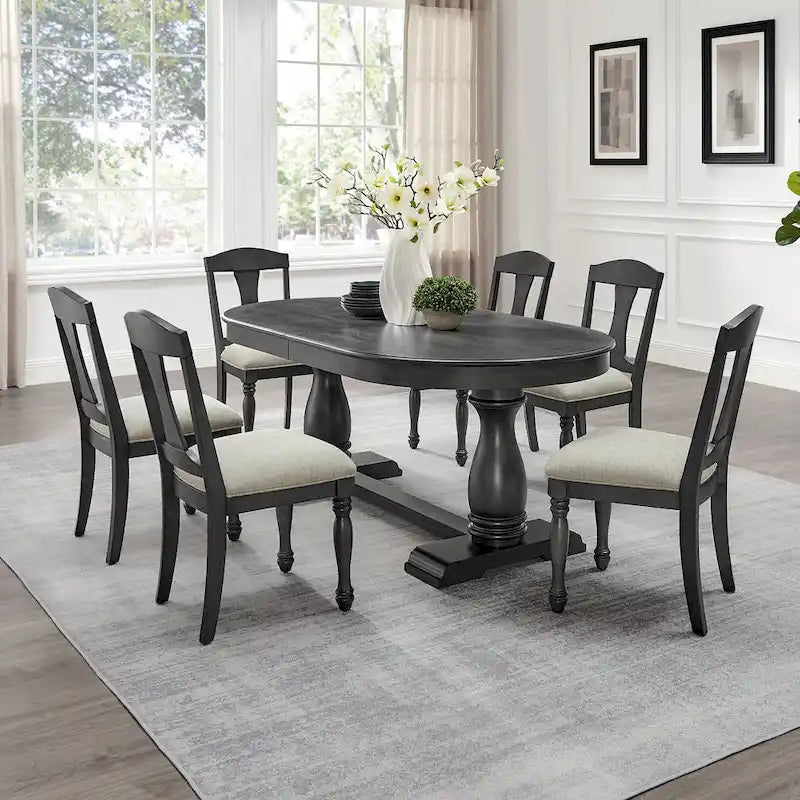 7 Pcs Solid Wood Dining Table Set, , Kitchen Extendable Dining Table Set with Curved Table and 6 Upholstered Chairs