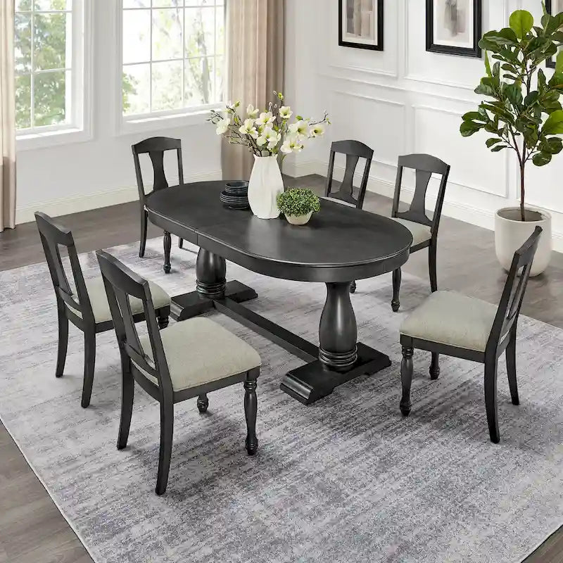 7 Pcs Solid Wood Dining Table Set, , Kitchen Extendable Dining Table Set with Curved Table and 6 Upholstered Chairs