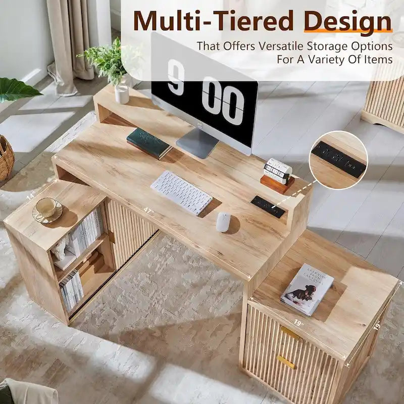 67 Modern L Shaped Desk, Wood Home Office Desk with Charging Station