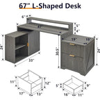 67 Modern L Shaped Desk, Wood Home Office Desk with Charging Station