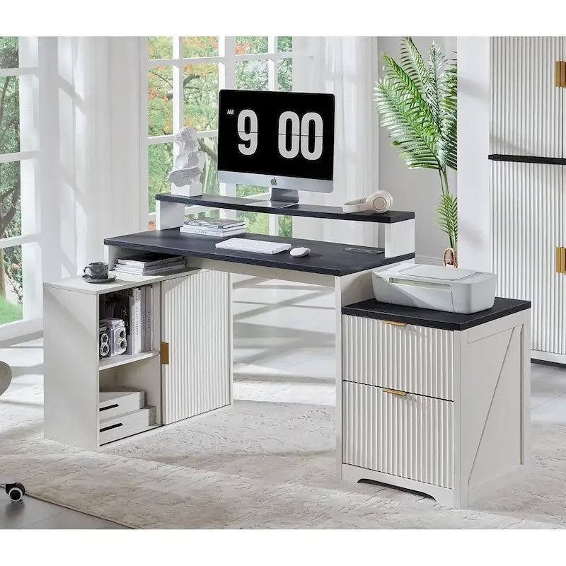 67 Modern L Shaped Desk, Wood Home Office Desk with Charging Station