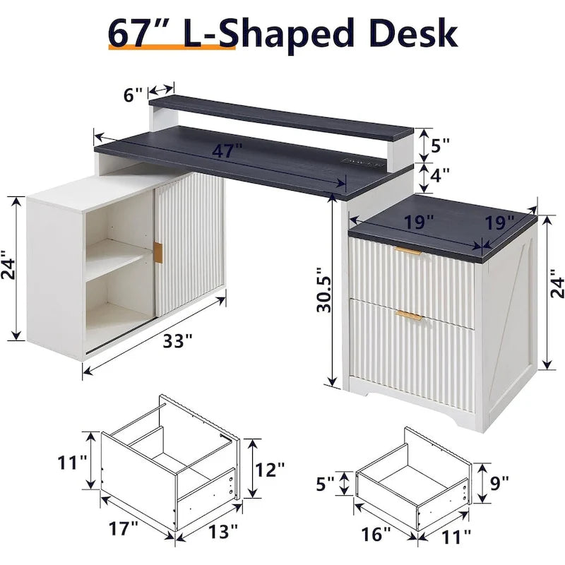 67 Modern L Shaped Desk, Wood Home Office Desk with Charging Station