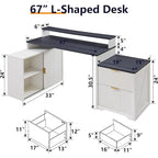 67 Modern L Shaped Desk, Wood Home Office Desk with Charging Station