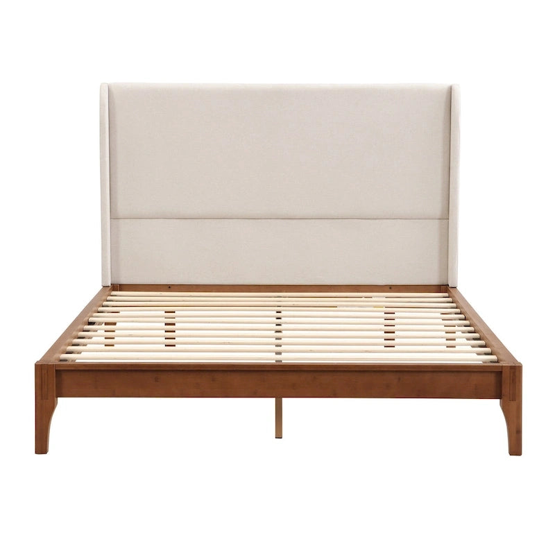 Solid Bamboo Wood Platform Bed with 48 Double Wing Upholstered Headboard