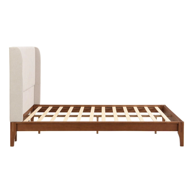 Solid Bamboo Wood Platform Bed with 48 Double Wing Upholstered Headboard