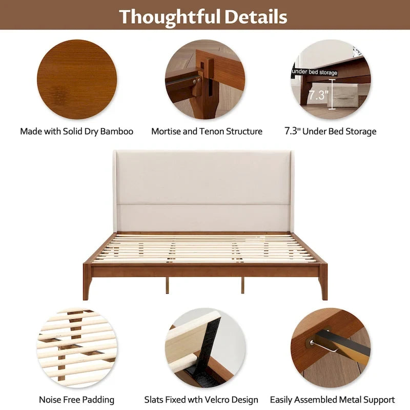 Solid Bamboo Wood Platform Bed with 48 Double Wing Upholstered Headboard