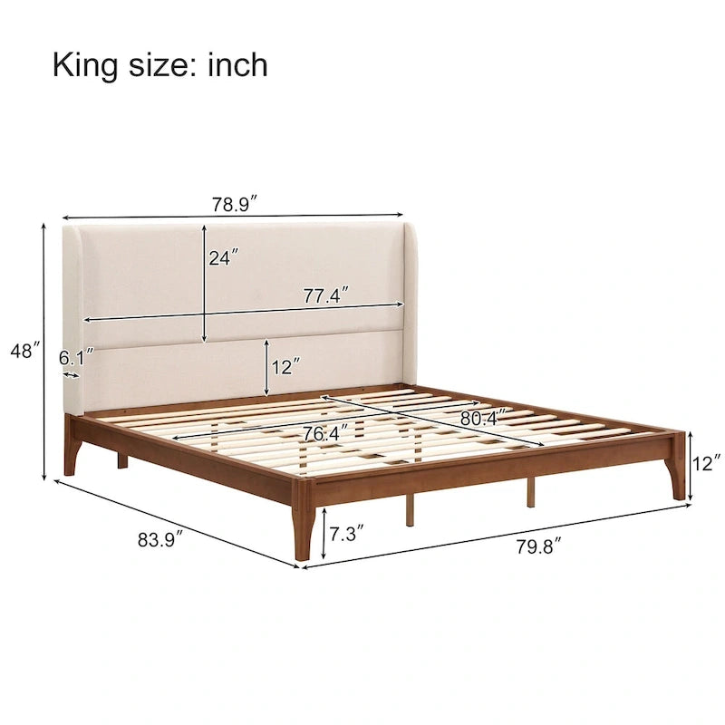 Solid Bamboo Wood Platform Bed with 48 Double Wing Upholstered Headboard