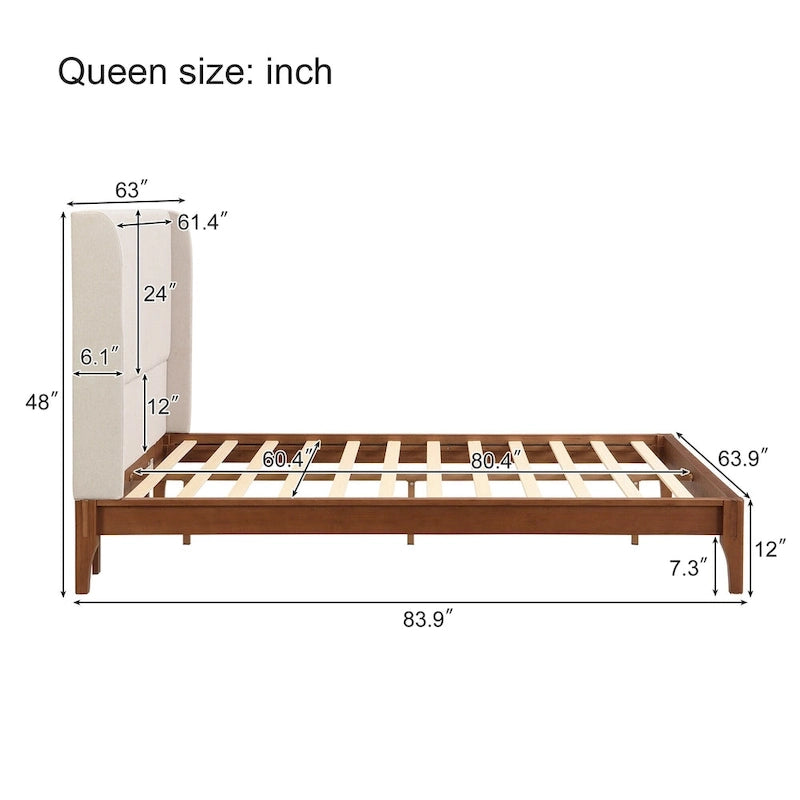 Solid Bamboo Wood Platform Bed with 48 Double Wing Upholstered Headboard
