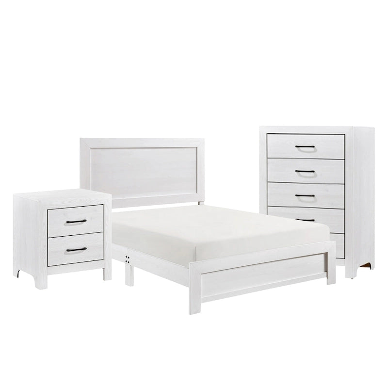 Ko Three Piece Full Size Bedroom Set, Panel Detailings, Black Metal Handles, White