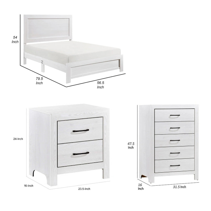 Ko Three Piece Full Size Bedroom Set, Panel Detailings, Black Metal Handles, White