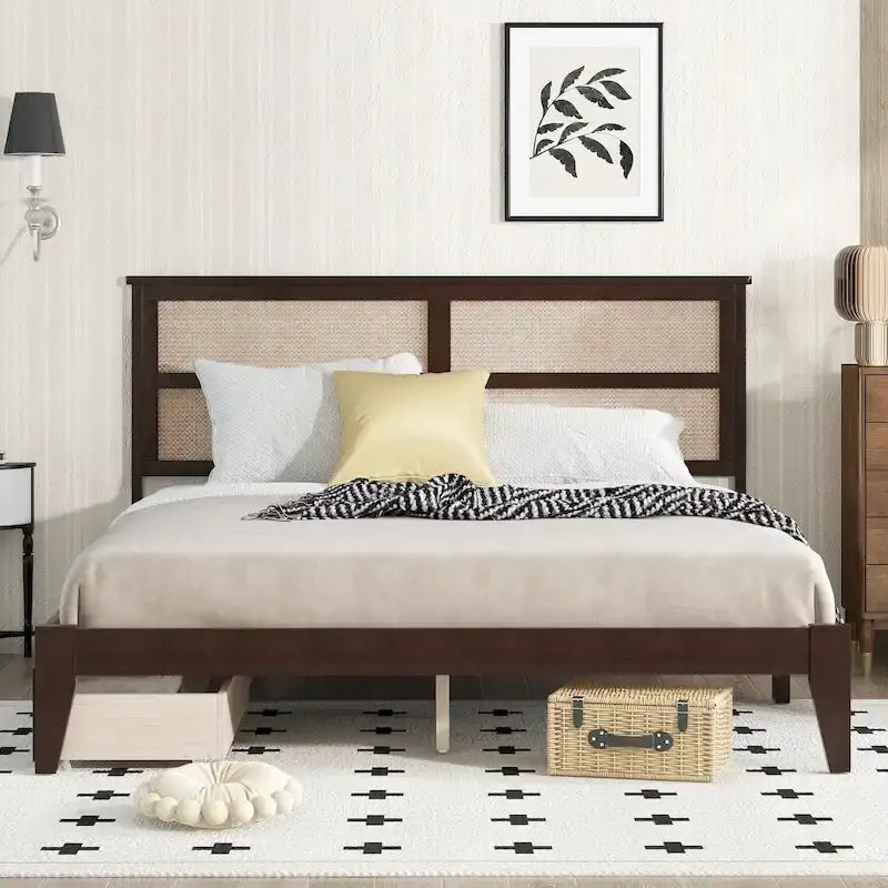 King Size Bed with Rattan Headboard, 2 Storage Drawers, Rubber Wood Bed with Enhanced Support Salts and Feet, White Oak