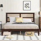 King Size Bed with Rattan Headboard, 2 Storage Drawers, Rubber Wood Bed with Enhanced Support Salts and Feet, White Oak