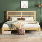 King Size Bed with Rattan Headboard, 2 Storage Drawers, Rubber Wood Bed with Enhanced Support Salts and Feet, White Oak